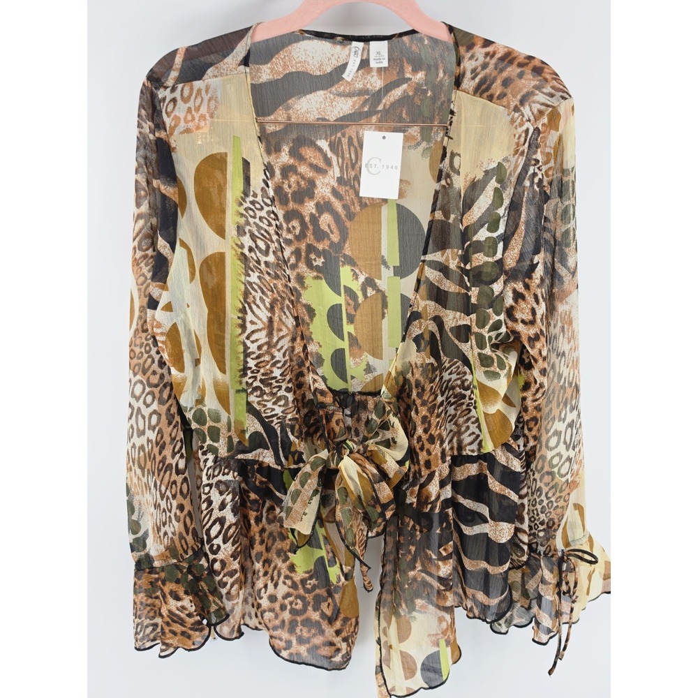 CATO Mixed Animal Print Tie Front Blouse Chiffon Sheer Cardigan Top XL NWT
